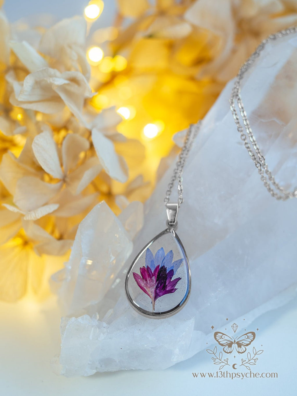 Handmade Real Corn flower teardrop resin pendant necklace - 13th Psyche