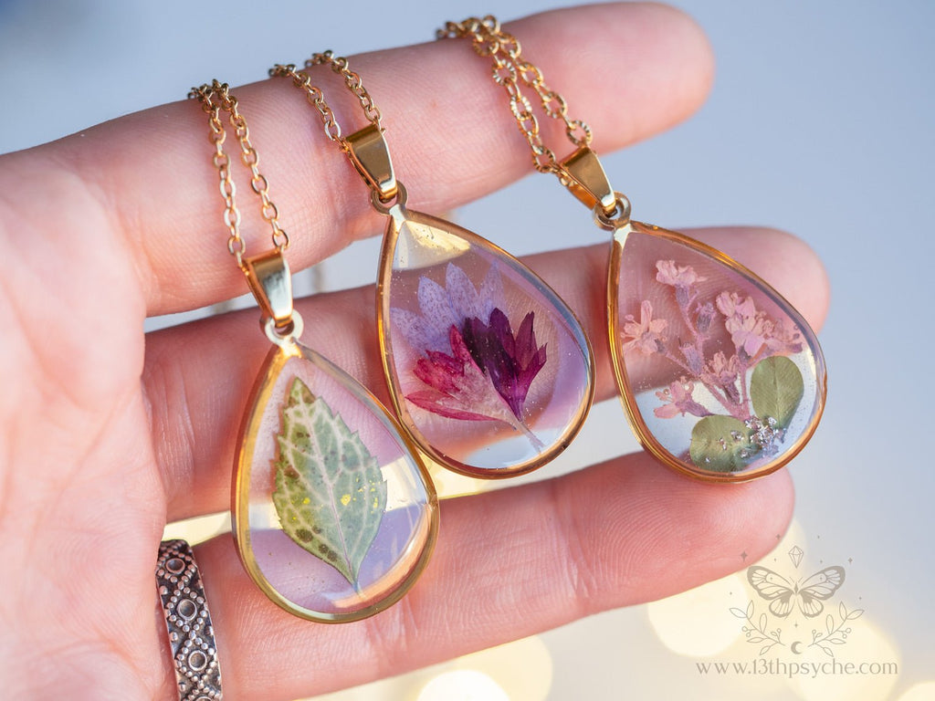 Handmade Real Corn flower teardrop resin pendant necklace - 13th Psyche