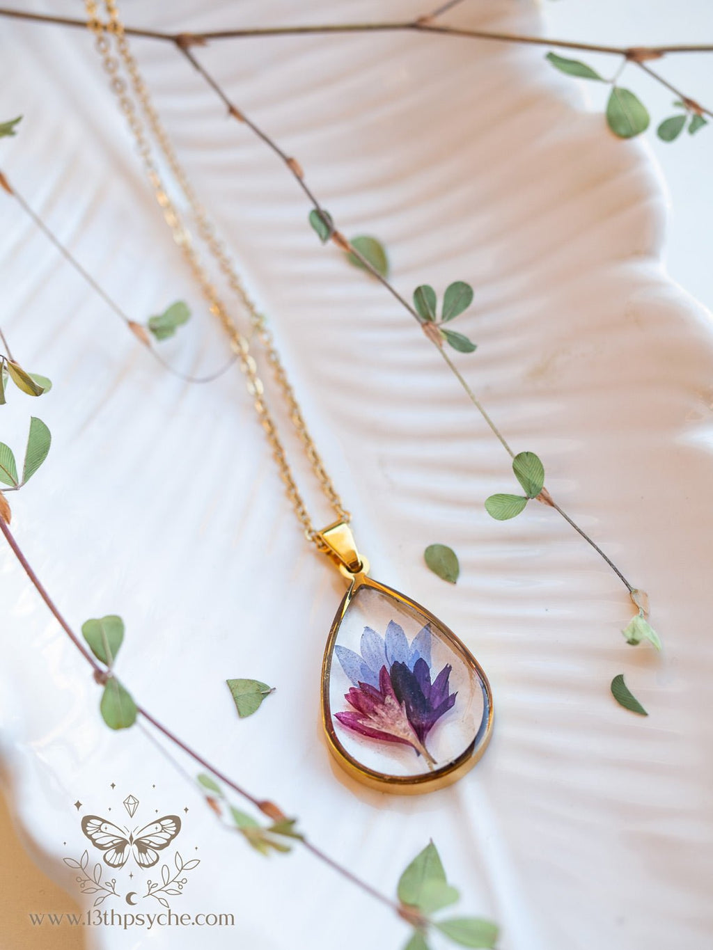 Handmade Real Corn flower teardrop resin pendant necklace - 13th Psyche