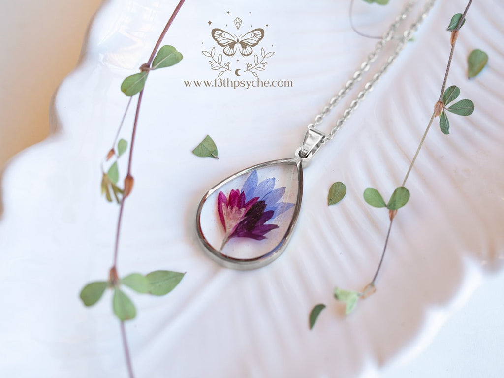 Handmade Real Corn flower teardrop resin pendant necklace - 13th Psyche