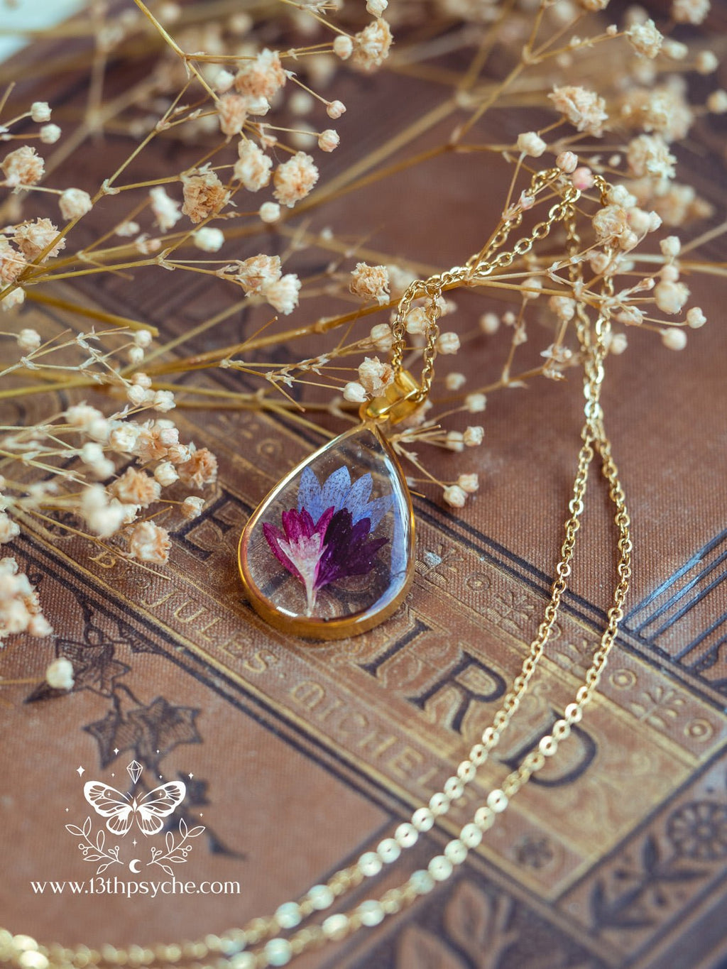 Handmade Real Corn flower teardrop resin pendant necklace - 13th Psyche