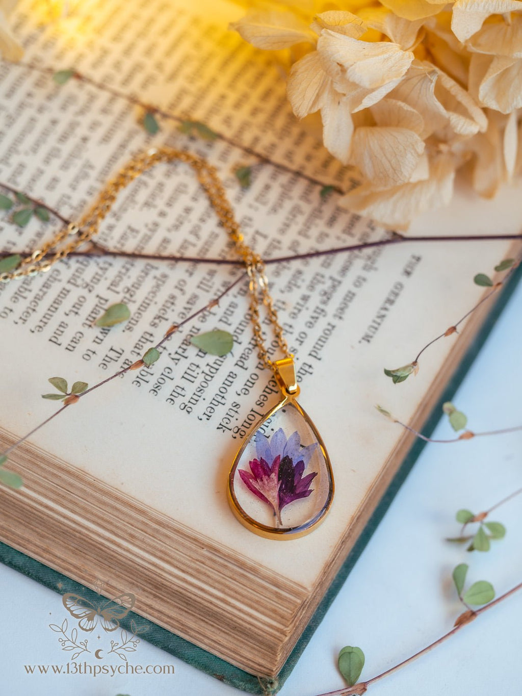 Handmade Real Corn flower teardrop resin pendant necklace - 13th Psyche