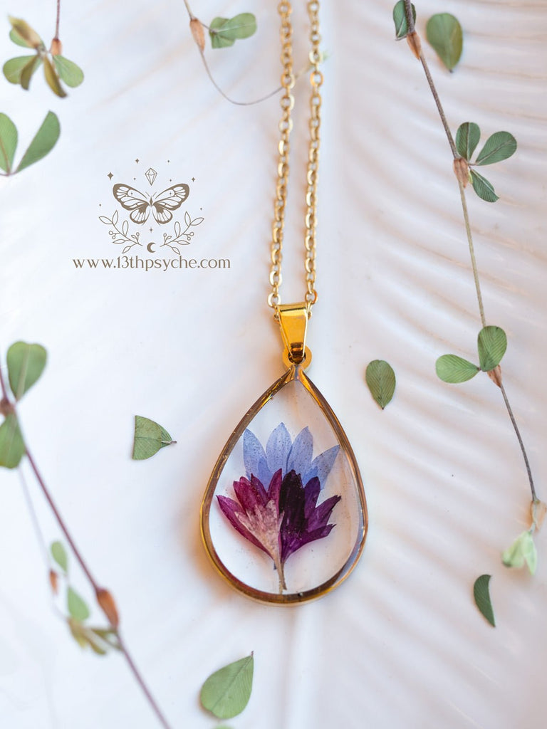 Handmade Real Corn flower teardrop resin pendant necklace - 13th Psyche