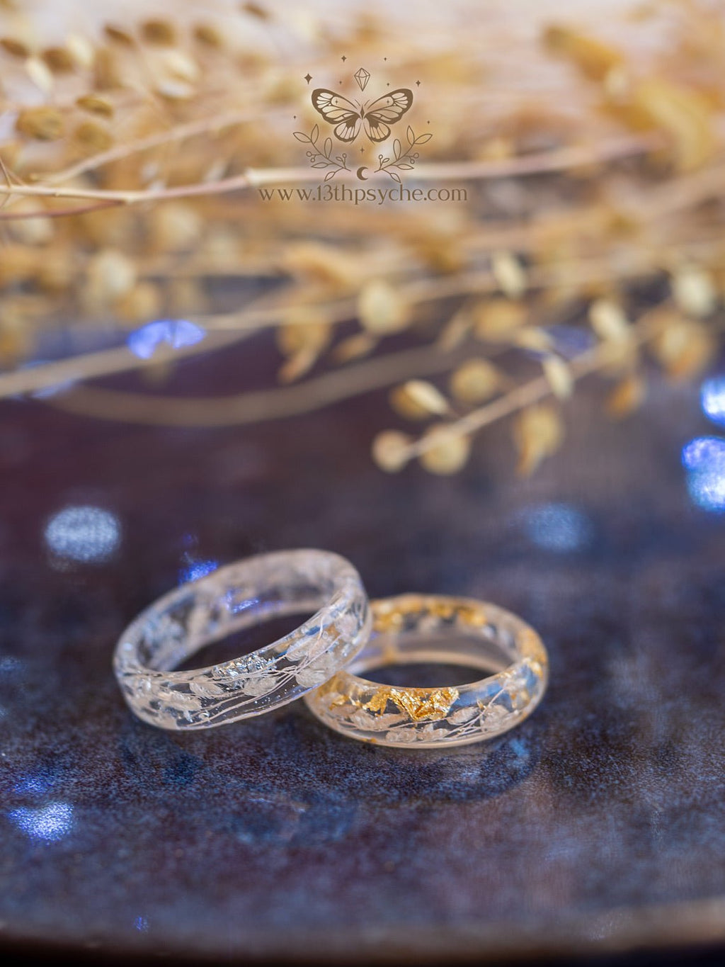 Handmade Real light pink leaves resin ring with metal flakes - 13th Psyche
