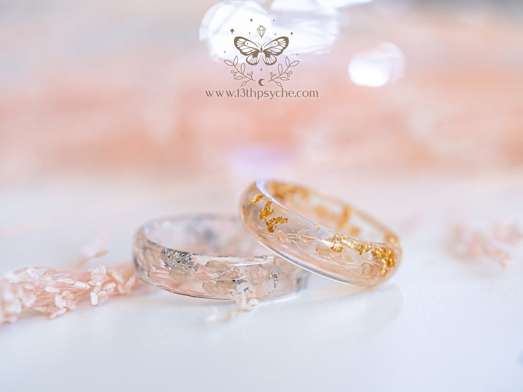 Handmade Real light pink leaves resin ring with metal flakes - 13th Psyche