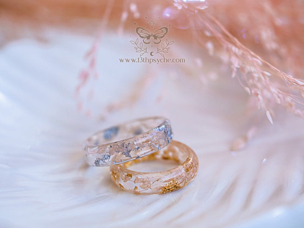 Handmade Real light pink leaves resin ring with metal flakes - 13th Psyche