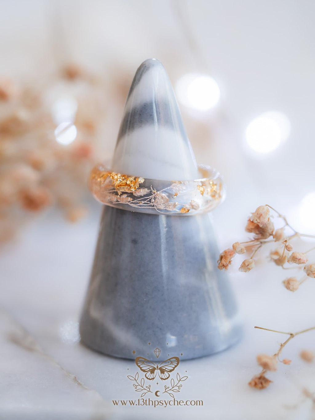 Handmade Real light pink leaves resin ring with metal flakes - 13th Psyche