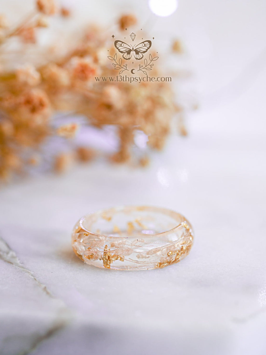 Handmade Real light pink leaves resin ring with metal flakes - 13th Psyche
