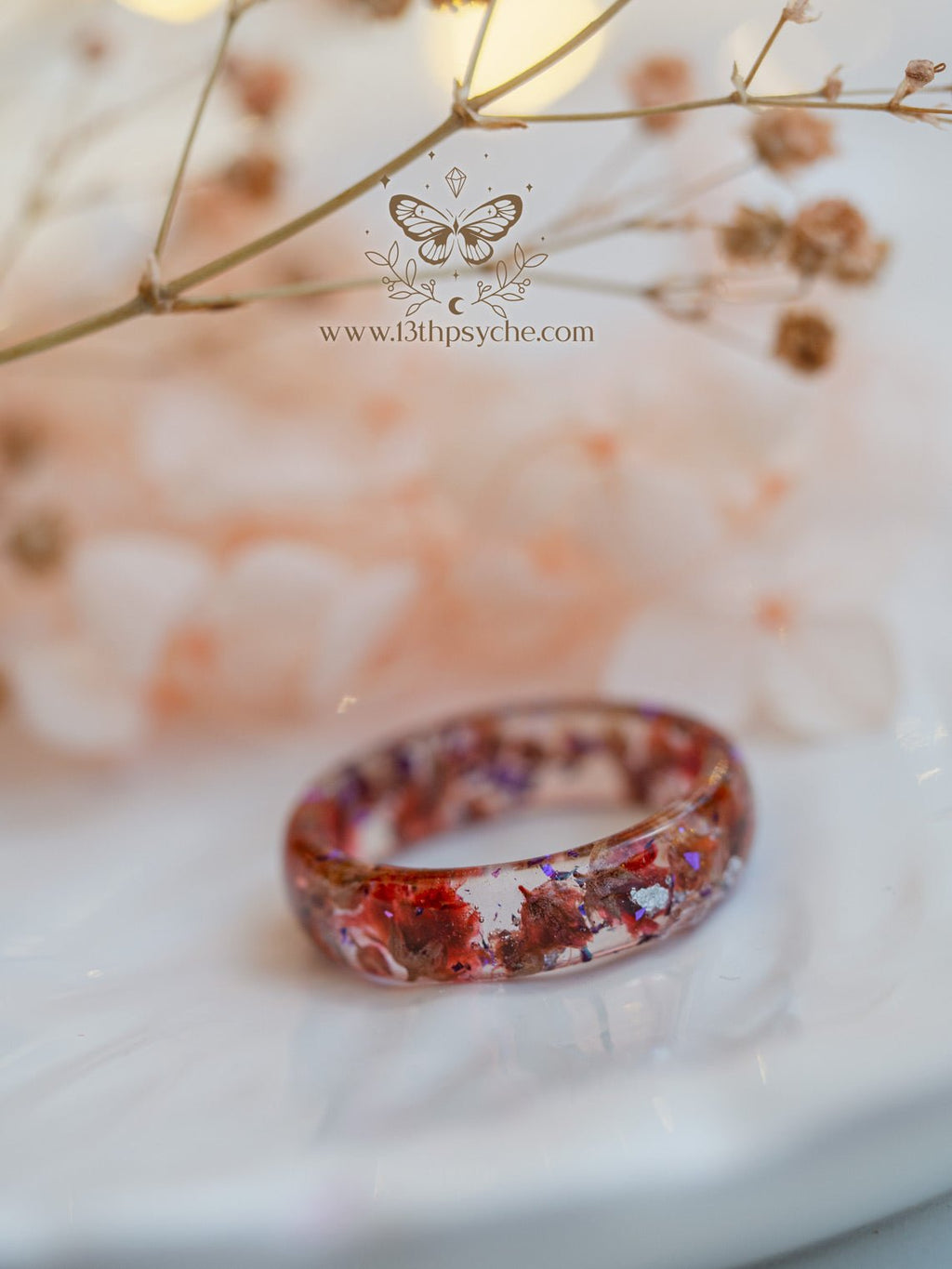 Handmade Red baby's breath flowers resin ring - 13th Psyche