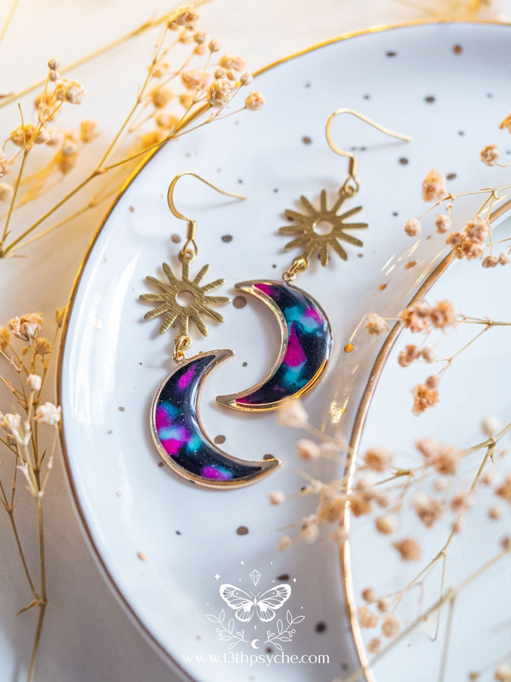 Handmade Spotted black dangle crescent moon earrings - 13th Psyche