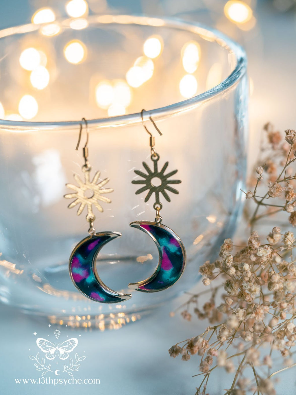 Handmade Spotted black dangle crescent moon earrings - 13th Psyche