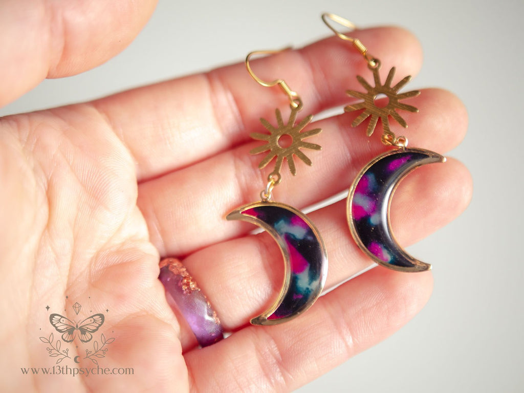 Handmade Spotted black dangle crescent moon earrings - 13th Psyche