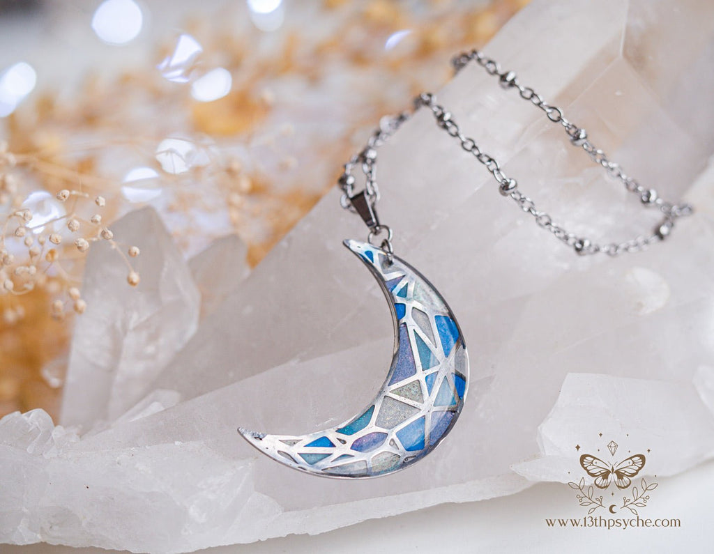 Handmade Stained glass inspired blue moon pendant necklace - 13th Psyche