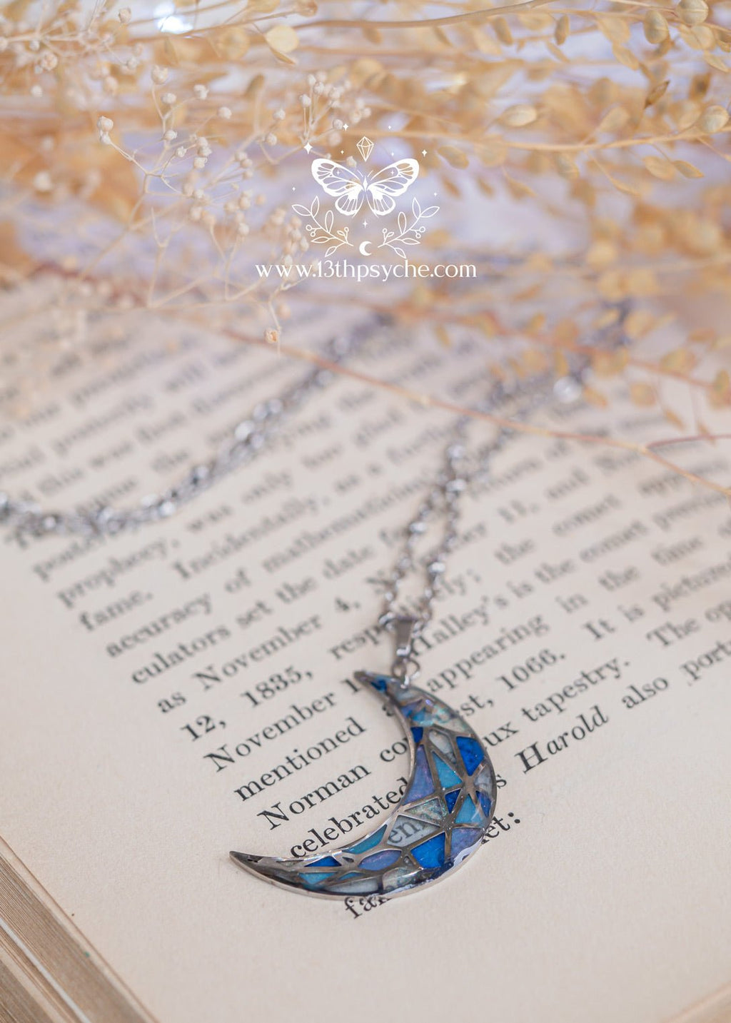 Handmade Stained glass inspired blue moon pendant necklace - 13th Psyche