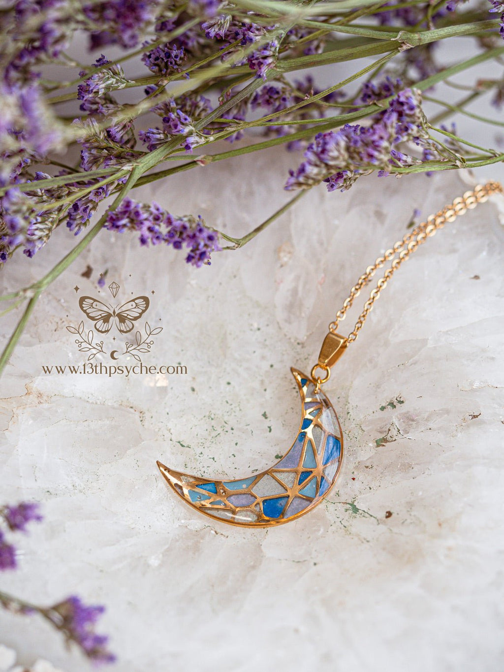 Handmade Stained glass inspired blue moon pendant necklace - 13th Psyche