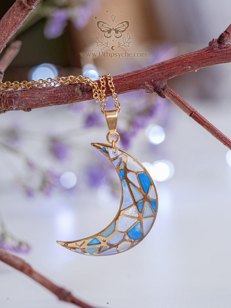 Handmade Stained glass inspired blue moon pendant necklace - 13th Psyche
