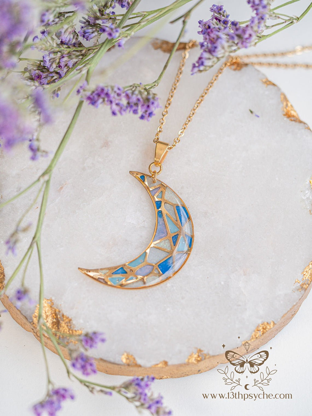 Handmade Stained glass inspired blue moon pendant necklace - 13th Psyche