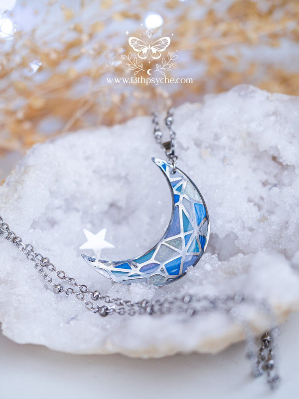 Handmade Stained glass inspired blue moon pendant necklace - 13th Psyche
