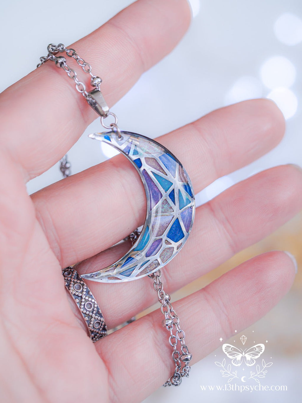 Handmade Stained glass inspired blue moon pendant necklace - 13th Psyche