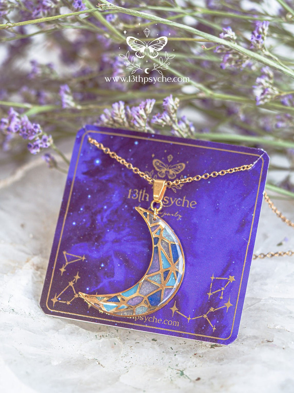 Handmade Stained glass inspired blue moon pendant necklace - 13th Psyche