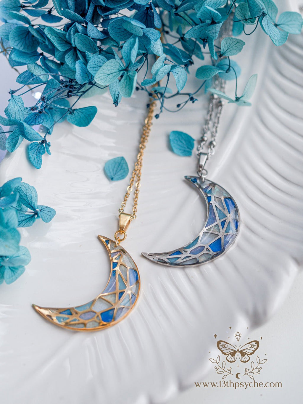 Handmade Stained glass inspired blue moon pendant necklace - 13th Psyche