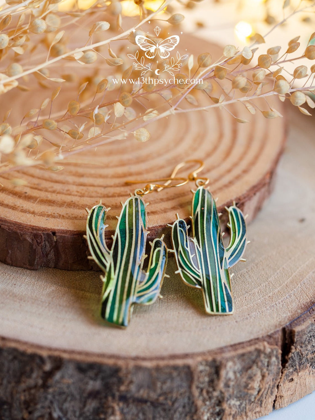 Handmade Stained glass inspired cactus earrings - 13th Psyche