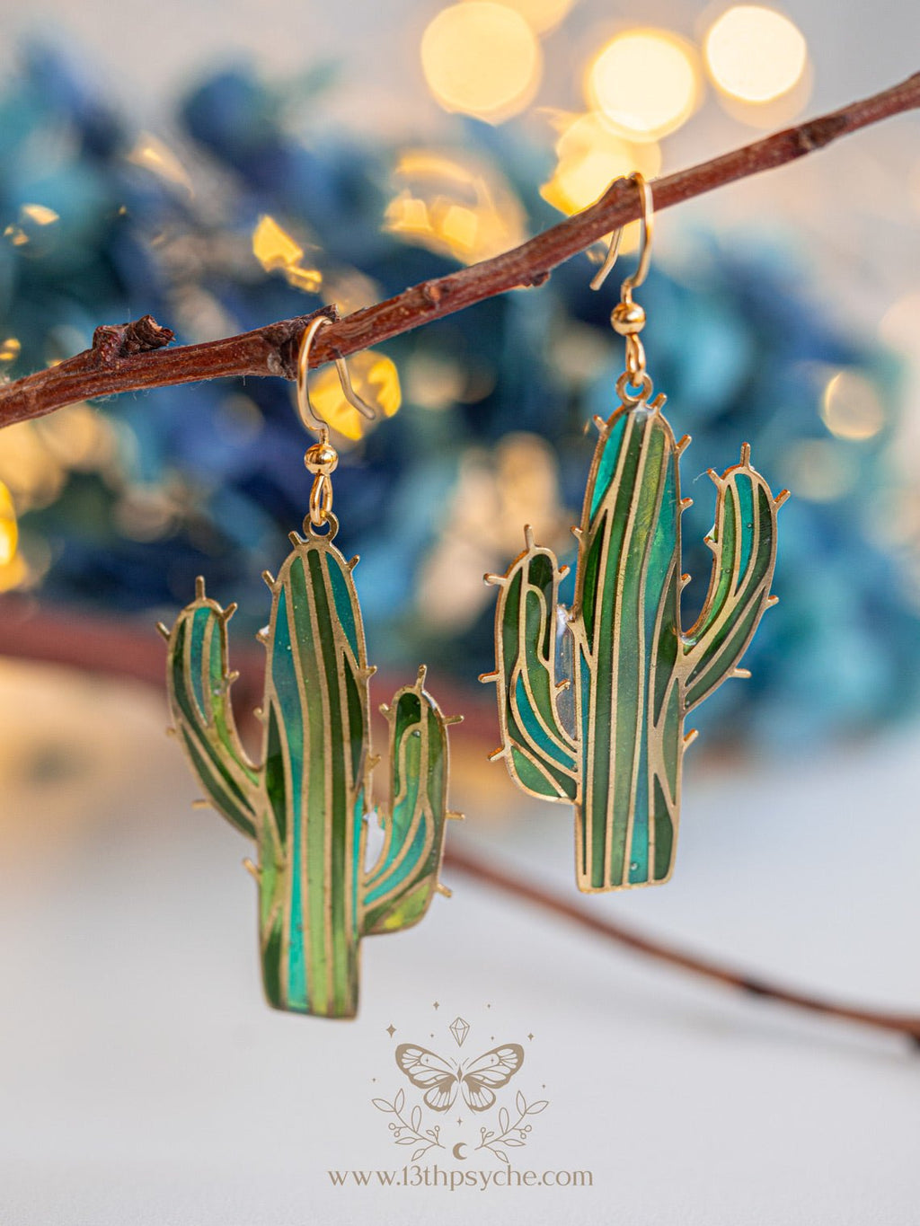 Handmade Stained glass inspired cactus earrings - 13th Psyche