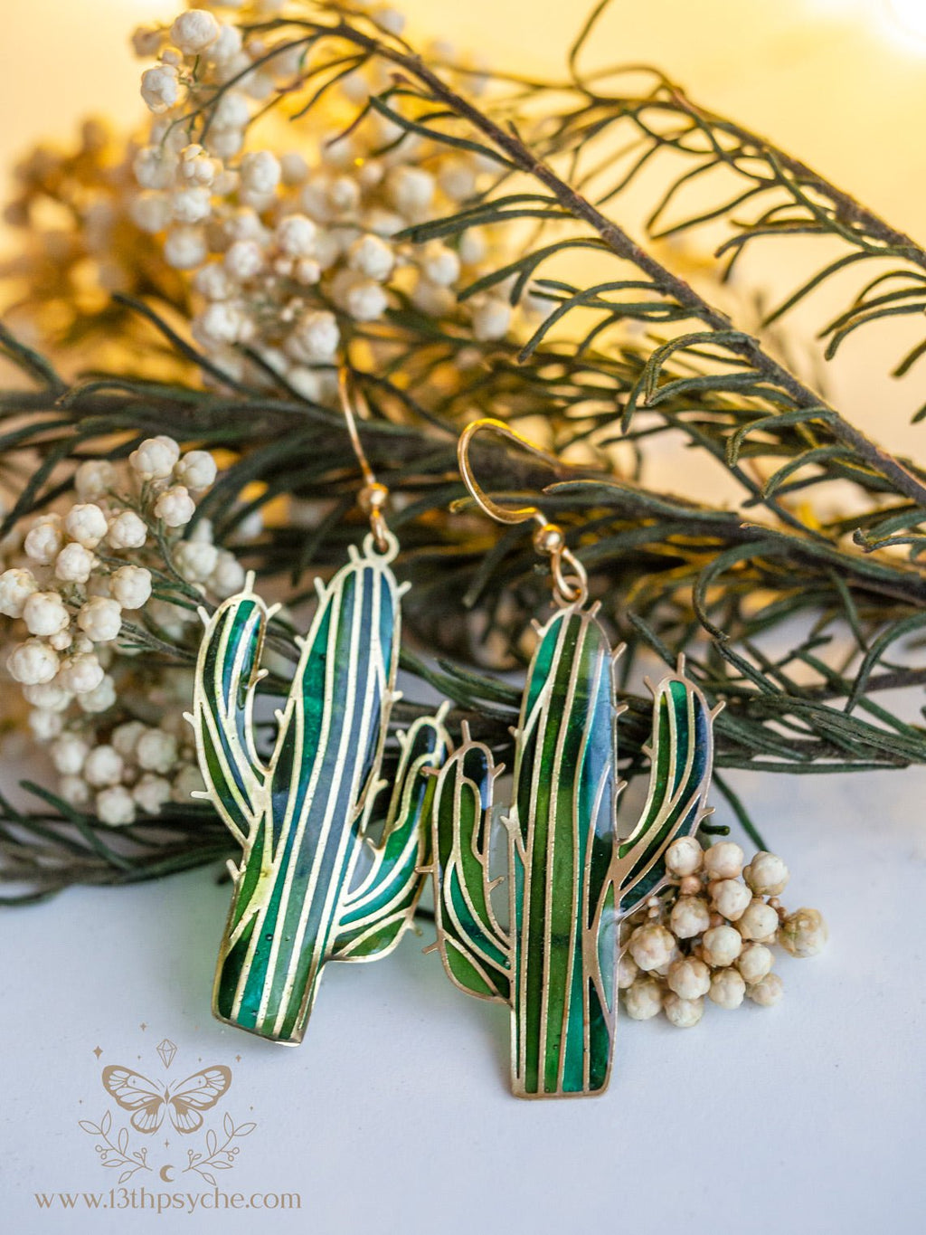 Handmade Stained glass inspired cactus earrings - 13th Psyche