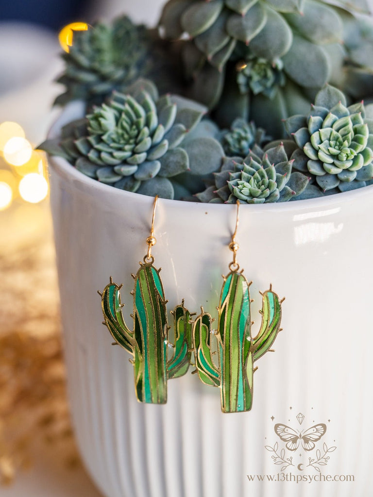 Handmade Stained glass inspired cactus earrings - 13th Psyche