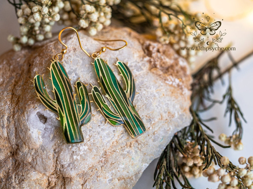 Handmade Stained glass inspired cactus earrings - 13th Psyche