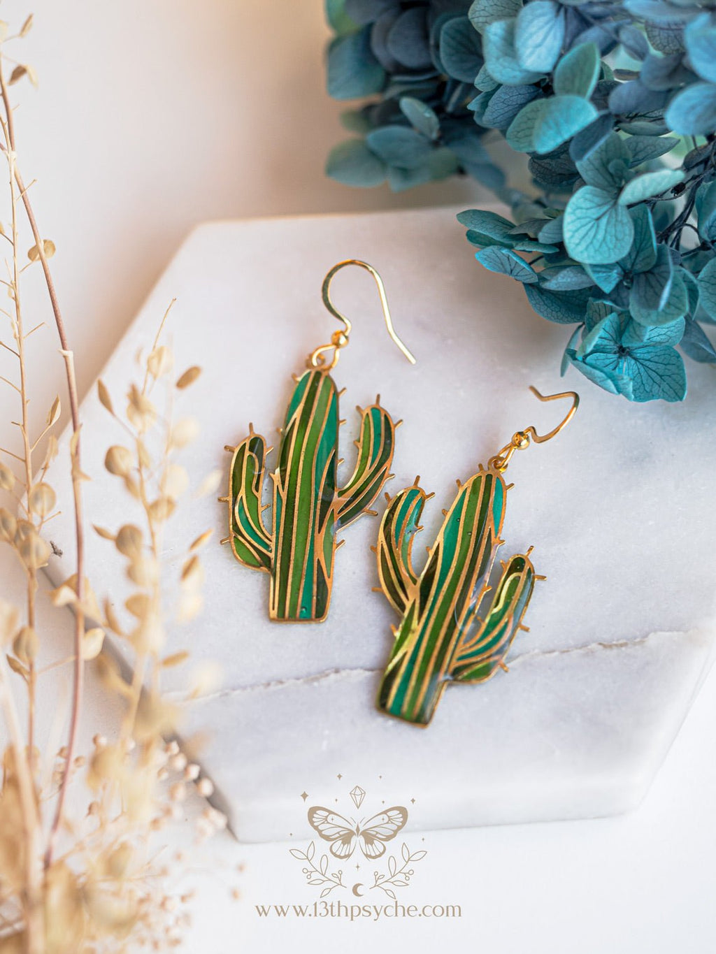 Handmade Stained glass inspired cactus earrings - 13th Psyche