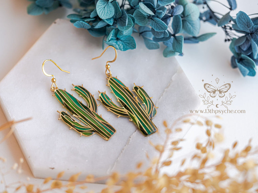 Handmade Stained glass inspired cactus earrings - 13th Psyche