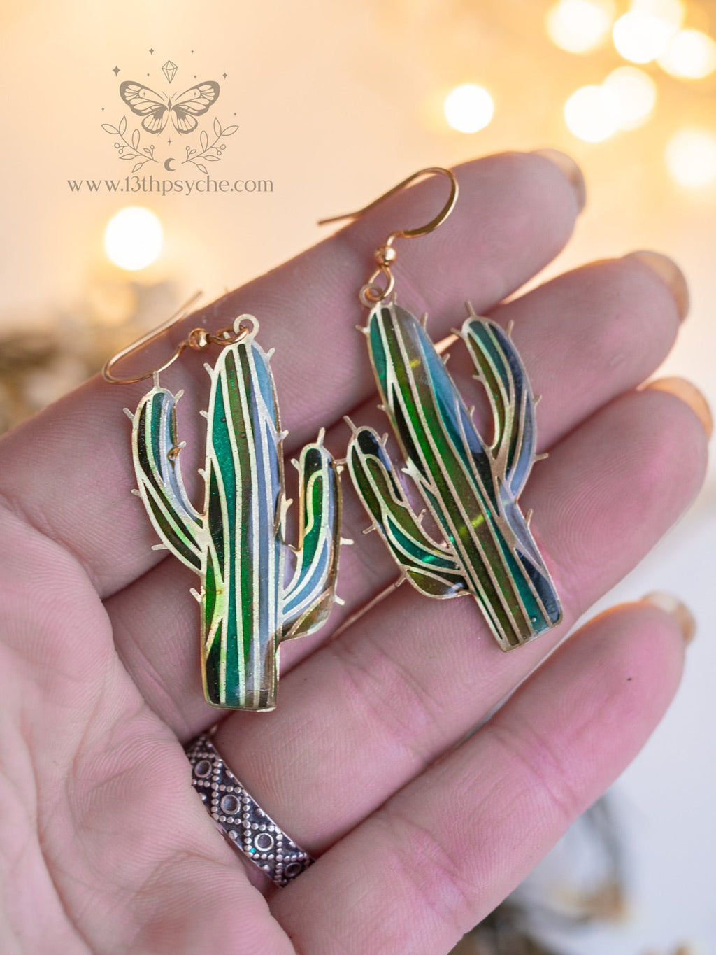 Handmade Stained glass inspired cactus earrings - 13th Psyche