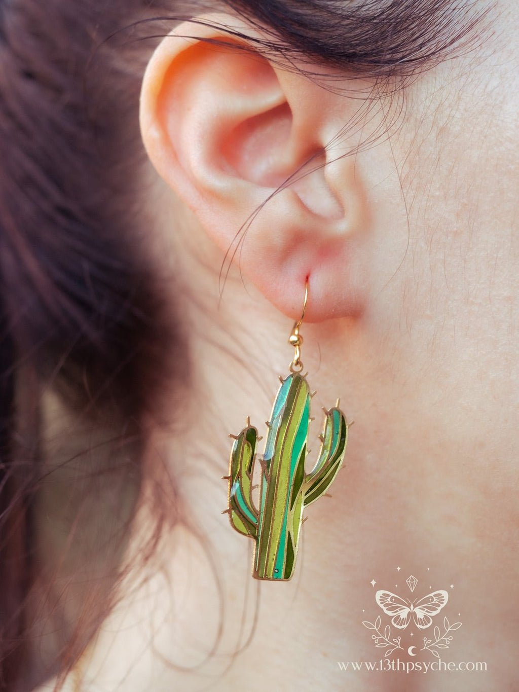 Handmade Stained glass inspired cactus earrings - 13th Psyche