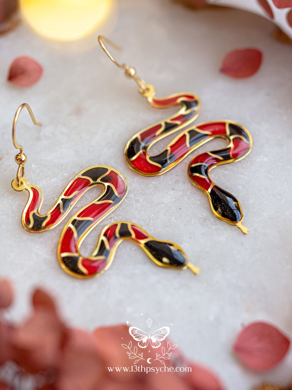 Handmade Stained glass inspired Coral Snake Earrings - 13th Psyche