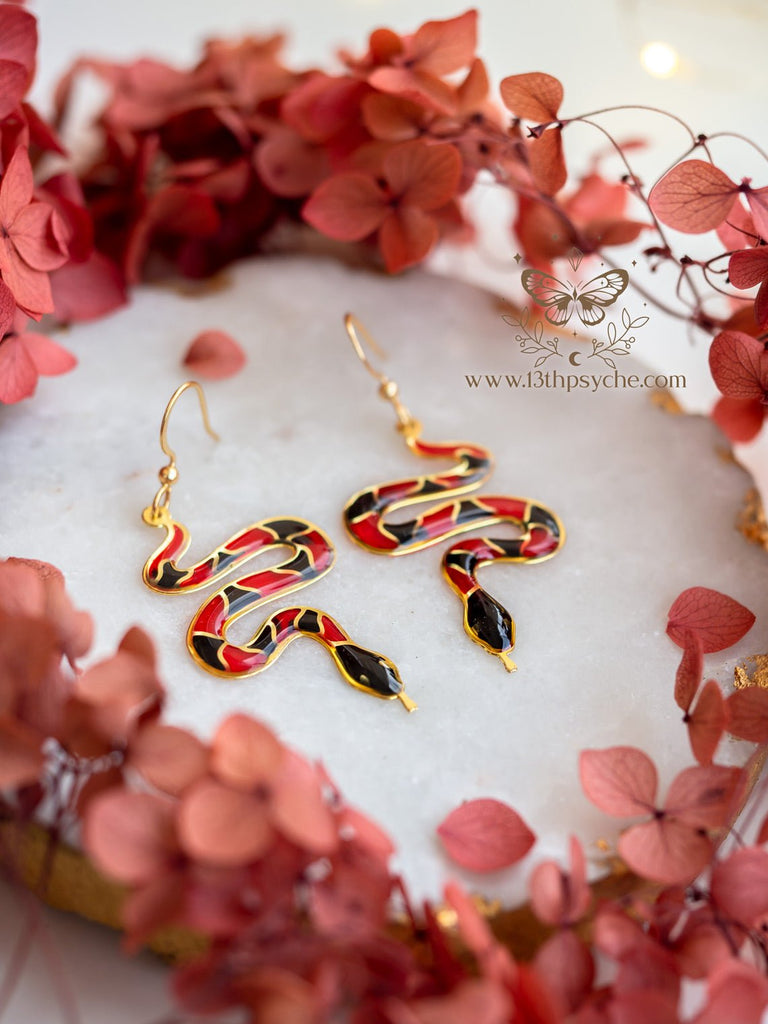Handmade Stained glass inspired Coral Snake Earrings - 13th Psyche