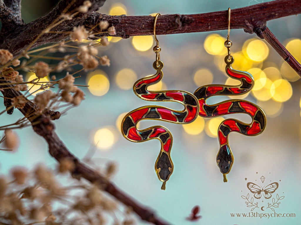 Handmade Stained glass inspired Coral Snake Earrings - 13th Psyche