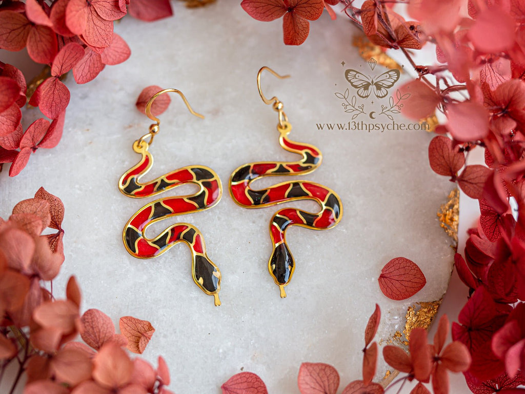 Handmade Stained glass inspired Coral Snake Earrings - 13th Psyche