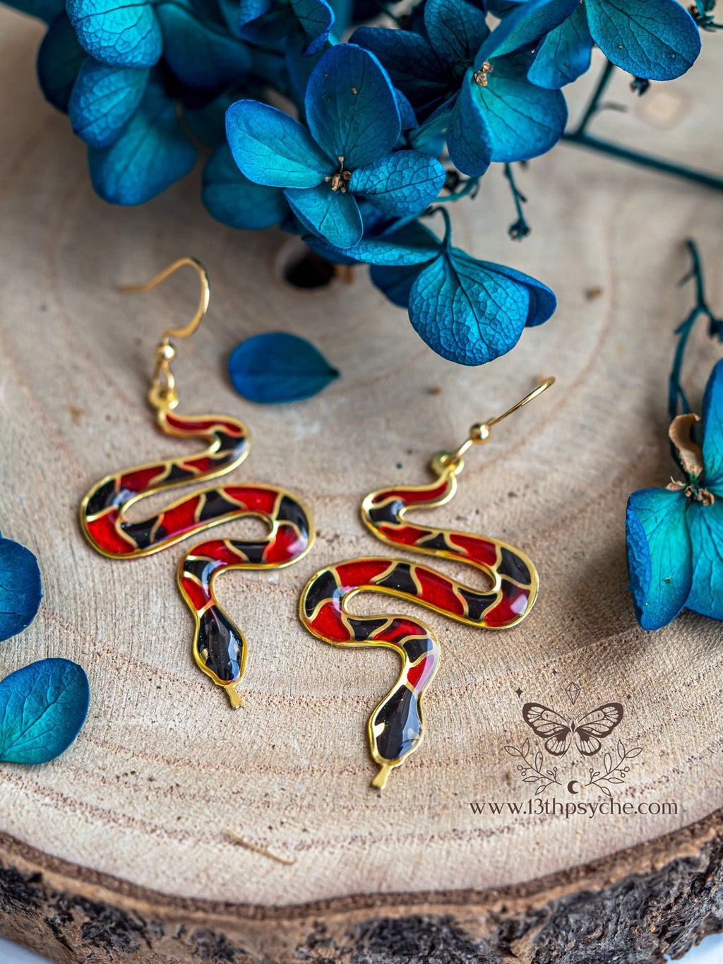 Handmade Stained glass inspired Coral Snake Earrings - 13th Psyche