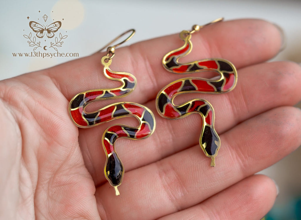 Handmade Stained glass inspired Coral Snake Earrings - 13th Psyche