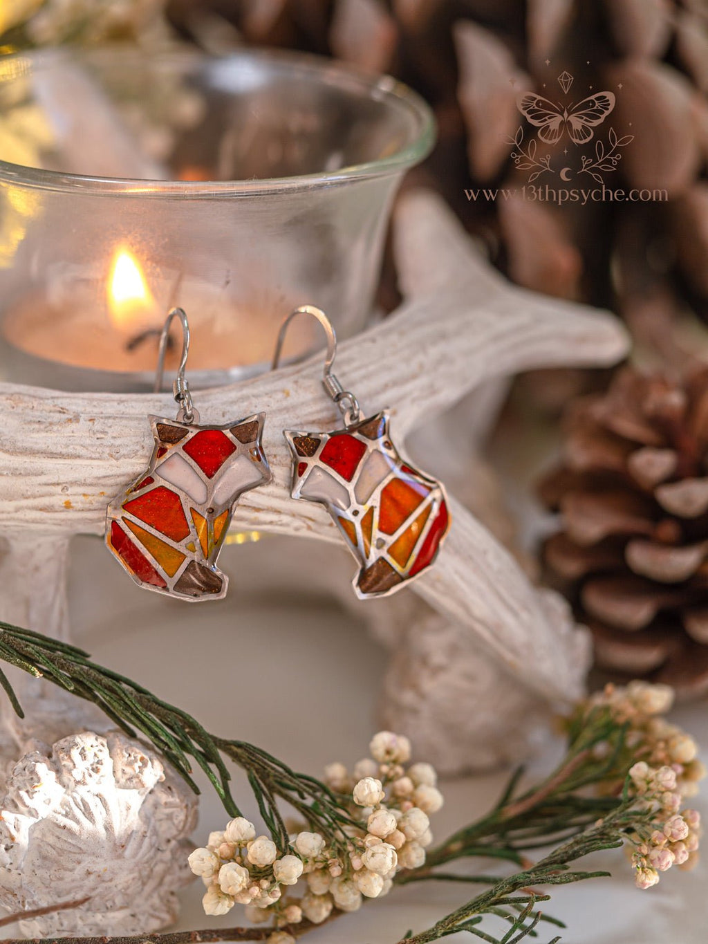 Handmade Stained glass inspired cute fox earrings - 13th Psyche
