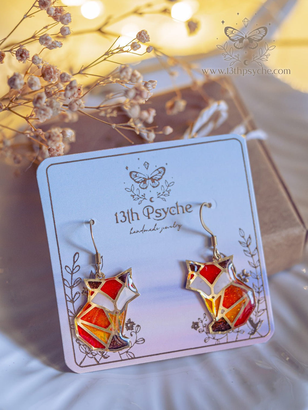 Handmade Stained glass inspired cute fox earrings - 13th Psyche