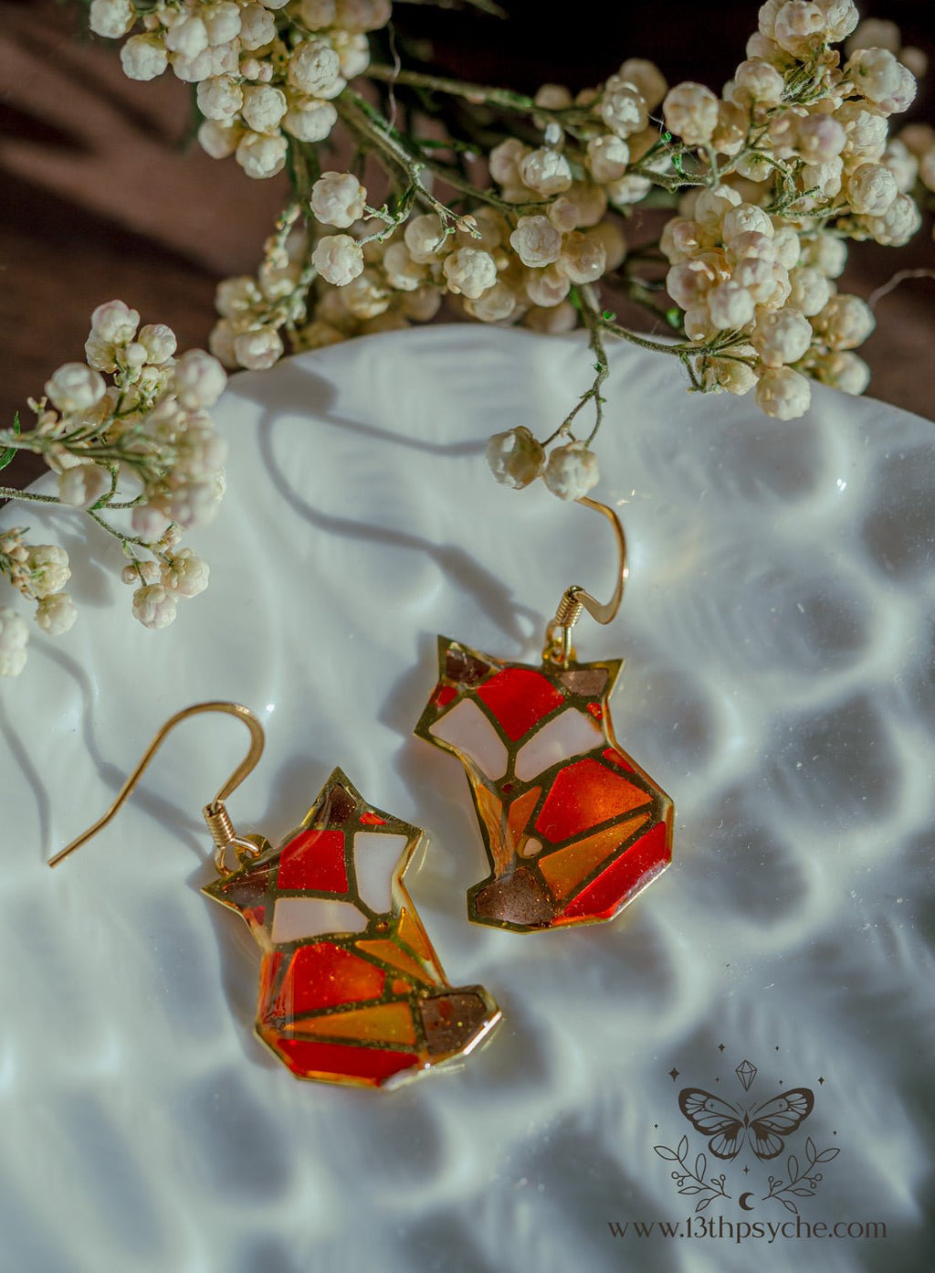 Handmade Stained glass inspired cute fox earrings - 13th Psyche