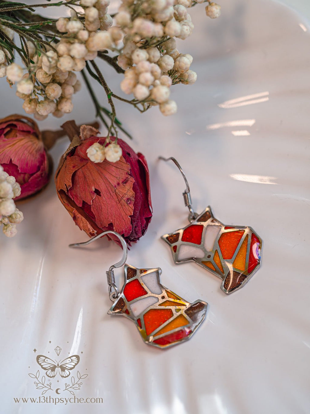 Handmade Stained glass inspired cute fox earrings - 13th Psyche