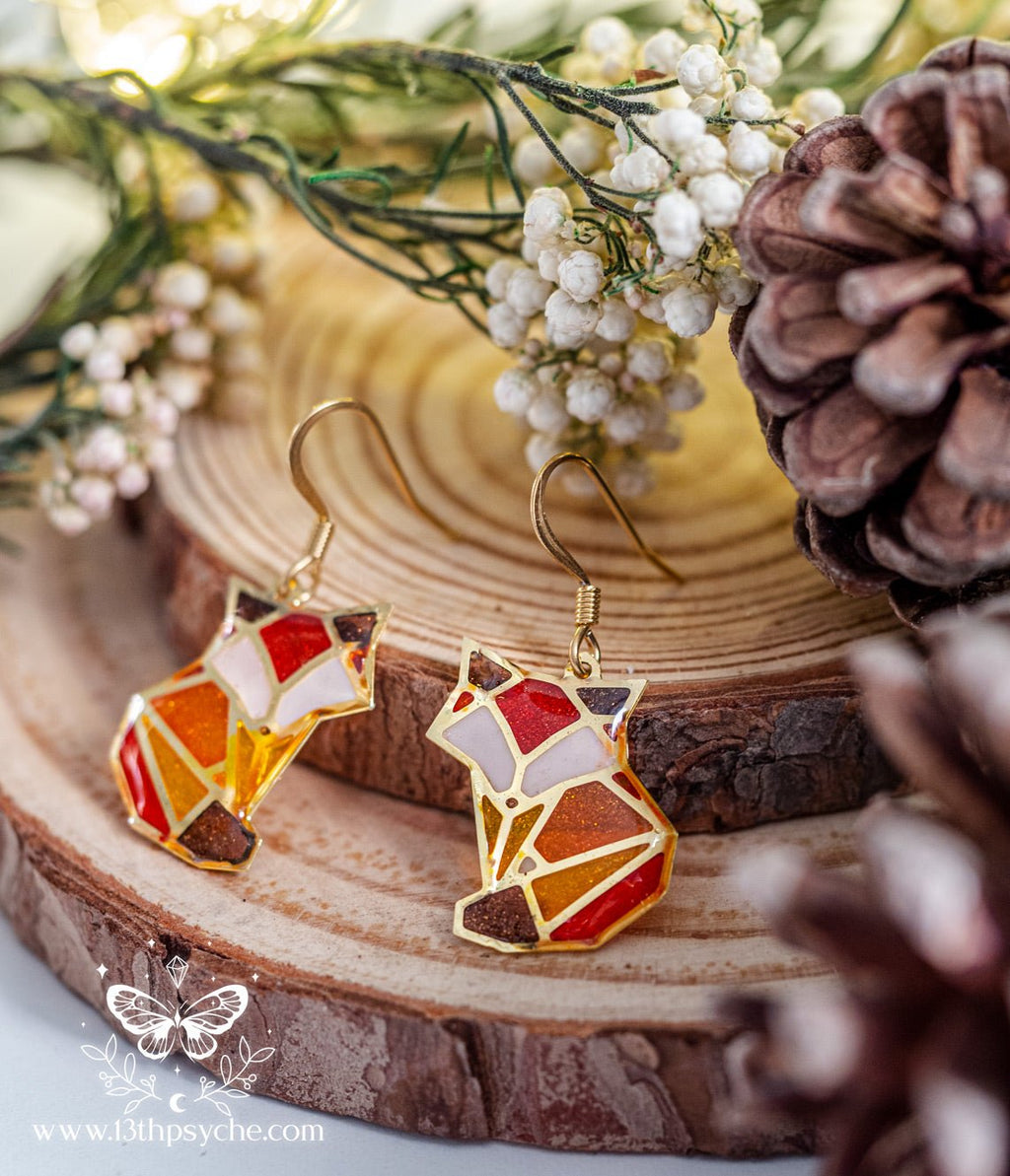 Handmade Stained glass inspired cute fox earrings - 13th Psyche