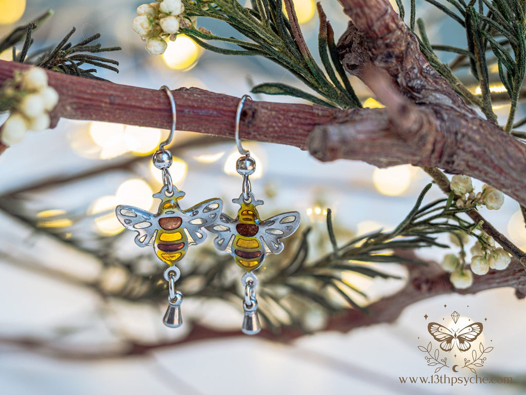 Handmade Stained glass inspired Honey bee earrings - 13th Psyche