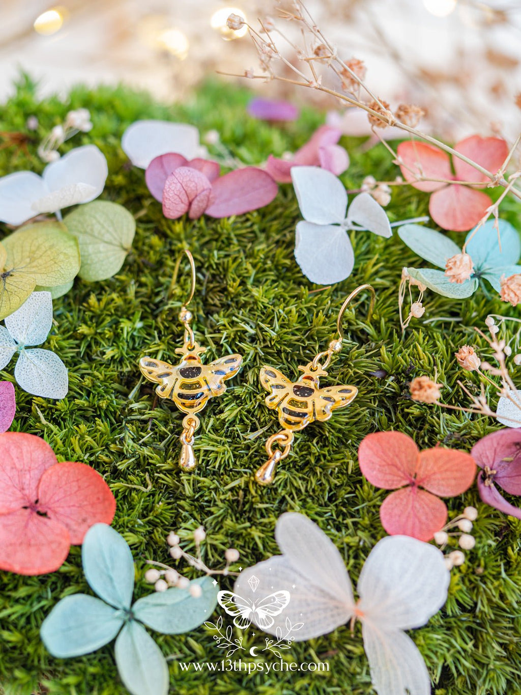 Handmade Stained glass inspired Honey bee earrings - 13th Psyche