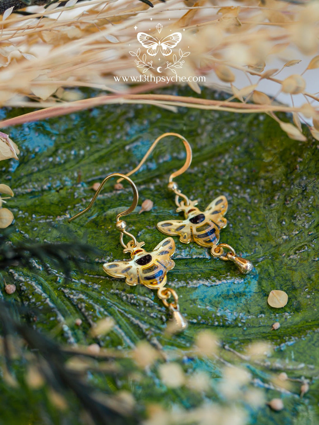 Handmade Stained glass inspired Honey bee earrings - 13th Psyche