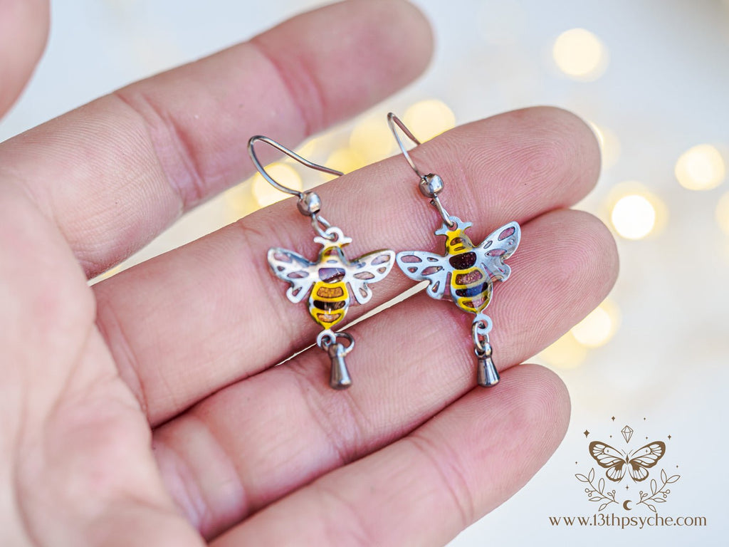 Handmade Stained glass inspired Honey bee earrings - 13th Psyche