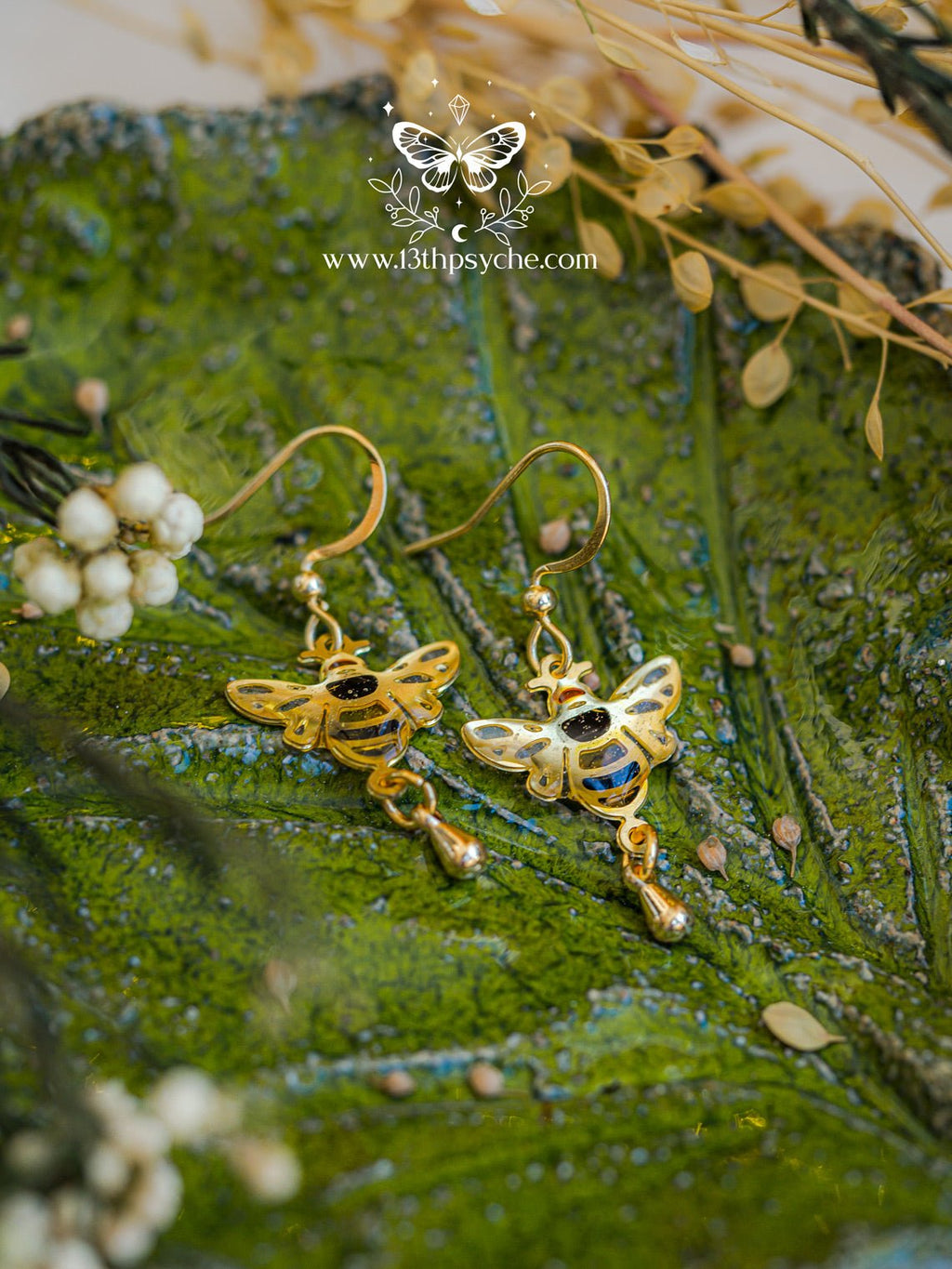 Handmade Stained glass inspired Honey bee earrings - 13th Psyche